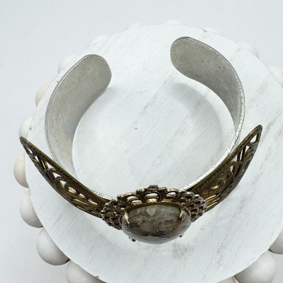 Filigree Bow Cuff Bracelet With Agate Geode Cabachon Center Bohemian Boho - Picture 6 of 10